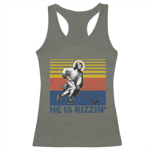 He Is Rizzin Racerback Tank Top Christian Hockey Retro Funny Gift For Believers TS12 Military Green Print Your Wear