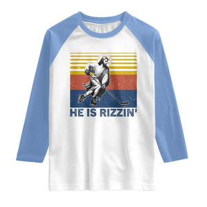 He Is Rizzin Raglan Shirt Christian Hockey Retro Funny Gift For Believers TS12 White Carolina Blue Print Your Wear