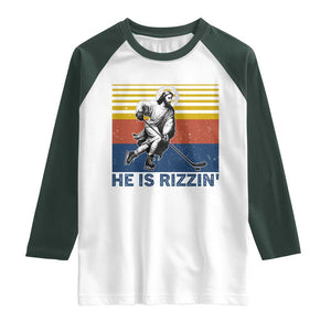 He Is Rizzin Raglan Shirt Christian Hockey Retro Funny Gift For Believers TS12 White Dark Forest Green Print Your Wear
