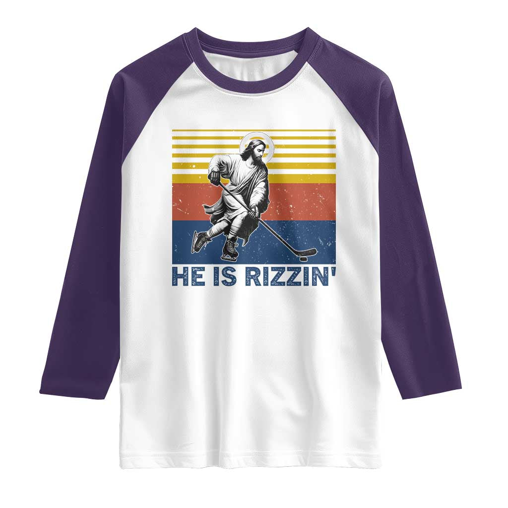 He Is Rizzin Raglan Shirt Christian Hockey Retro Funny Gift For Believers TS12 White Purple Print Your Wear