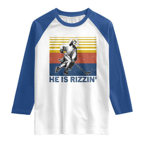 He Is Rizzin Raglan Shirt Christian Hockey Retro Funny Gift For Believers TS12 White Royal Print Your Wear