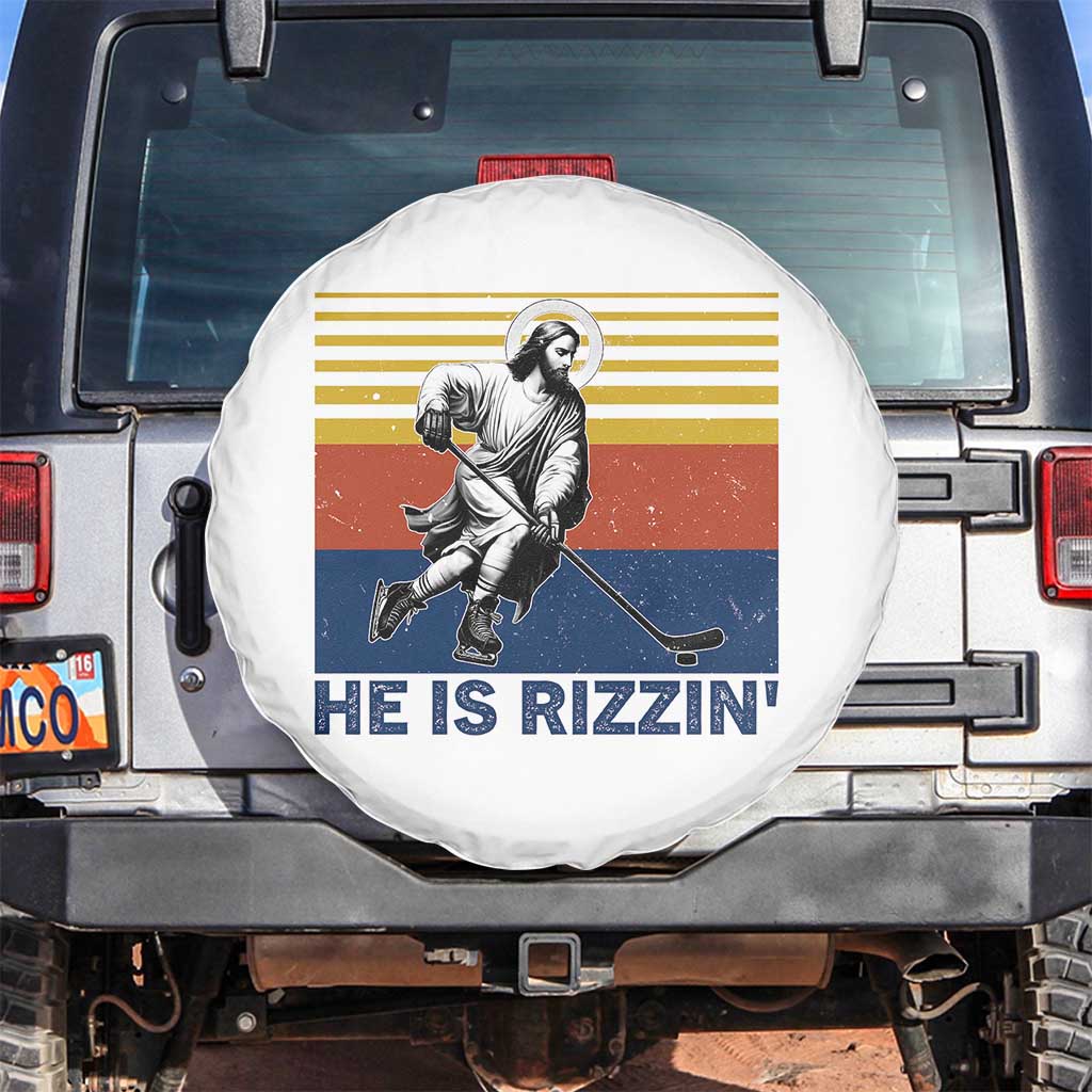 He Is Rizzin Spare Tire Cover Christian Hockey Retro Funny Gift For Believers TS12 No hole White Print Your Wear