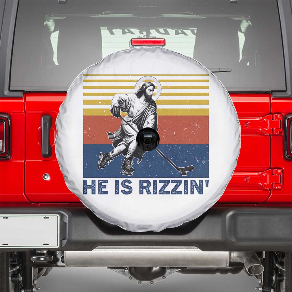 He Is Rizzin Spare Tire Cover Christian Hockey Retro Funny Gift For Believers TS12 White Print Your Wear
