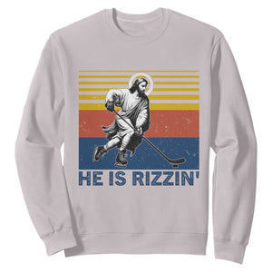 He Is Rizzin Sweatshirt Christian Hockey Retro Funny Gift For Believers TS12 Ice Gray Print Your Wear
