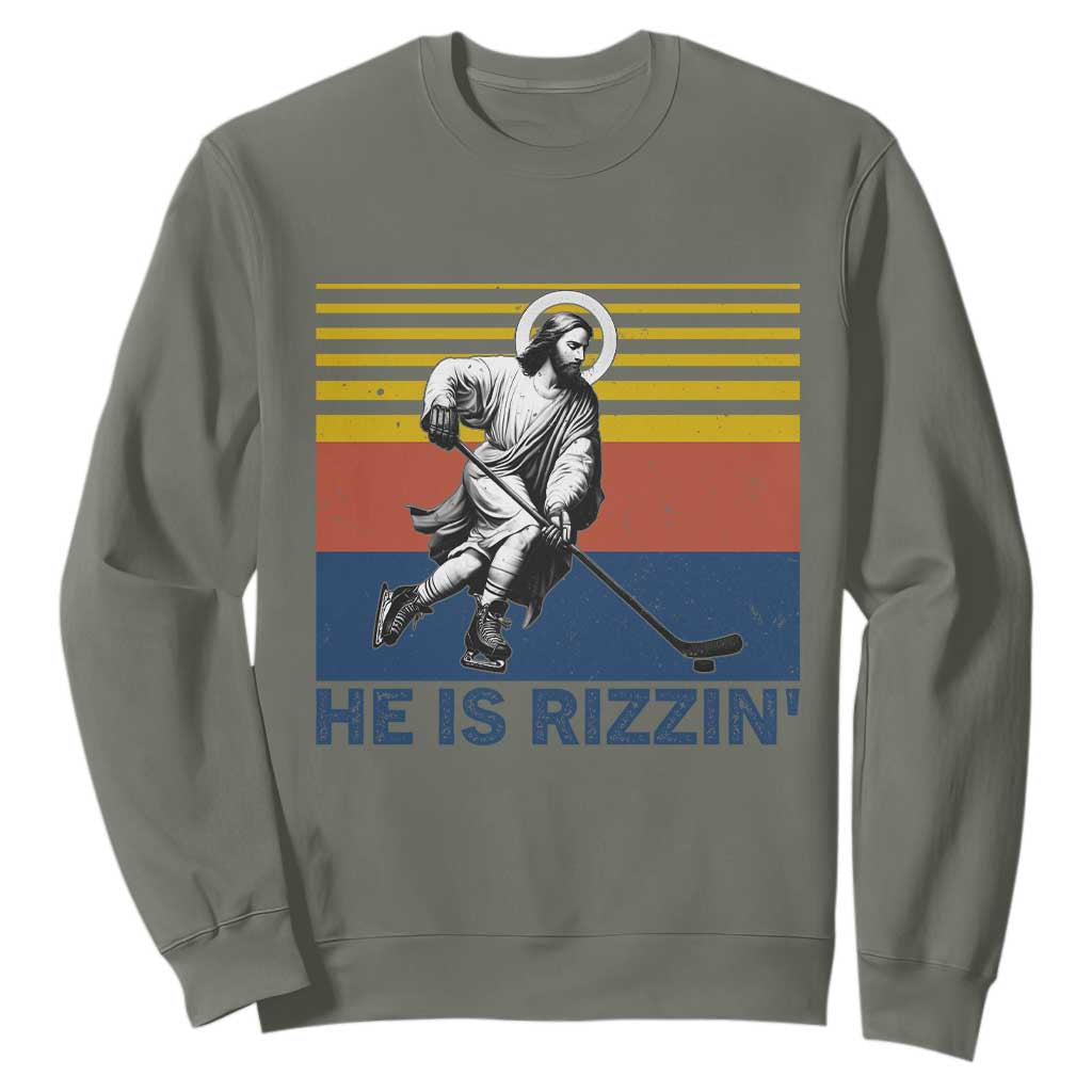 He Is Rizzin Sweatshirt Christian Hockey Retro Funny Gift For Believers TS12 Military Green Print Your Wear