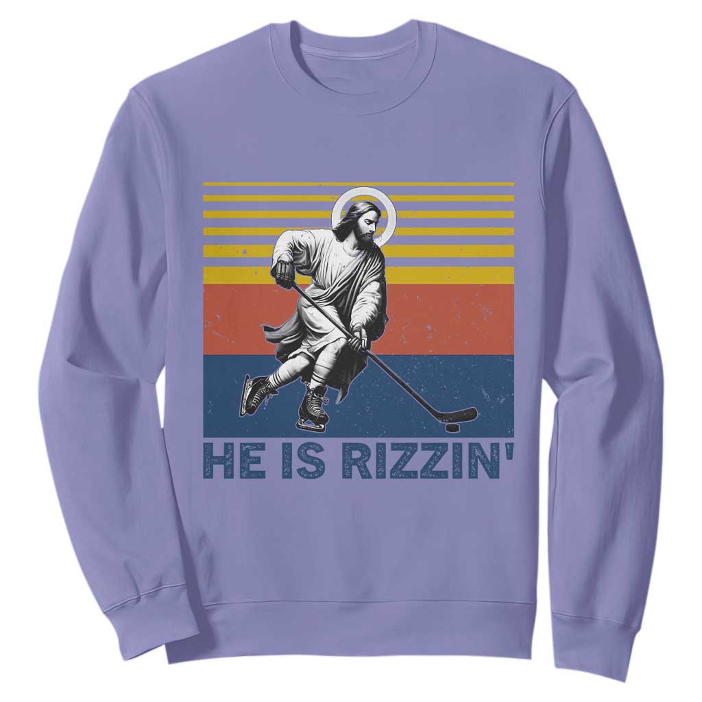 He Is Rizzin Sweatshirt Christian Hockey Retro Funny Gift For Believers TS12 Violet Print Your Wear