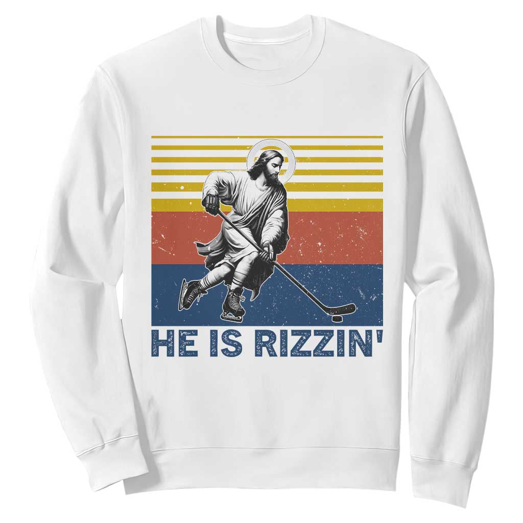 He Is Rizzin Sweatshirt Christian Hockey Retro Funny Gift For Believers TS12 White Print Your Wear