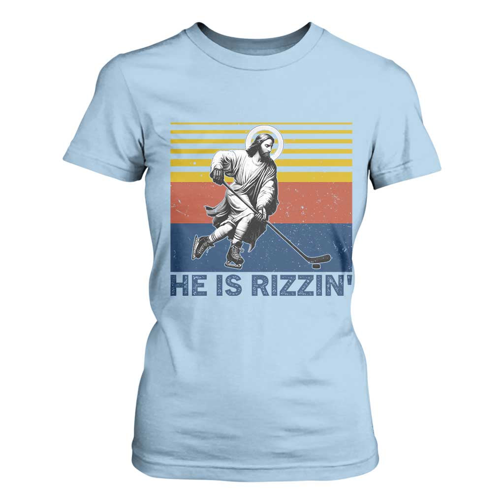 He Is Rizzin T Shirt For Women Christian Hockey Retro Funny Gift For Believers TS12 Light Blue Print Your Wear