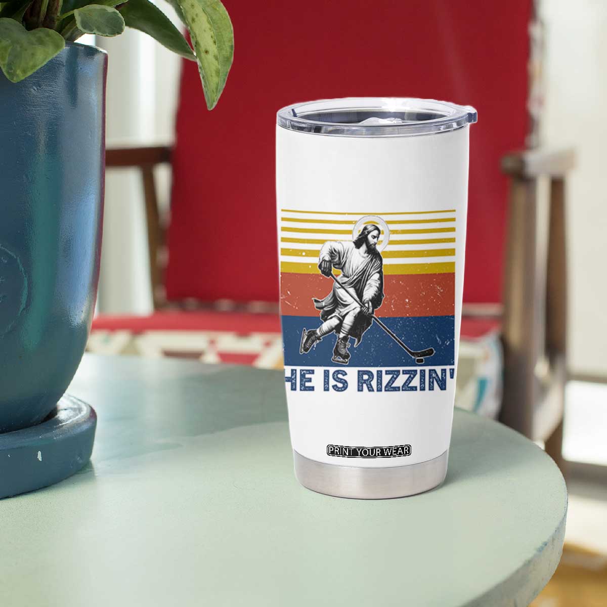 He Is Rizzin Tumbler Cup Christian Hockey Retro Funny Gift For Believers TS12 Print Your Wear