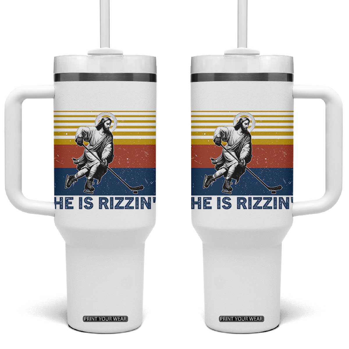 He Is Rizzin Tumbler With Handle Christian Hockey Retro Funny Gift For Believers TS12 One Size: 40 oz White Print Your Wear