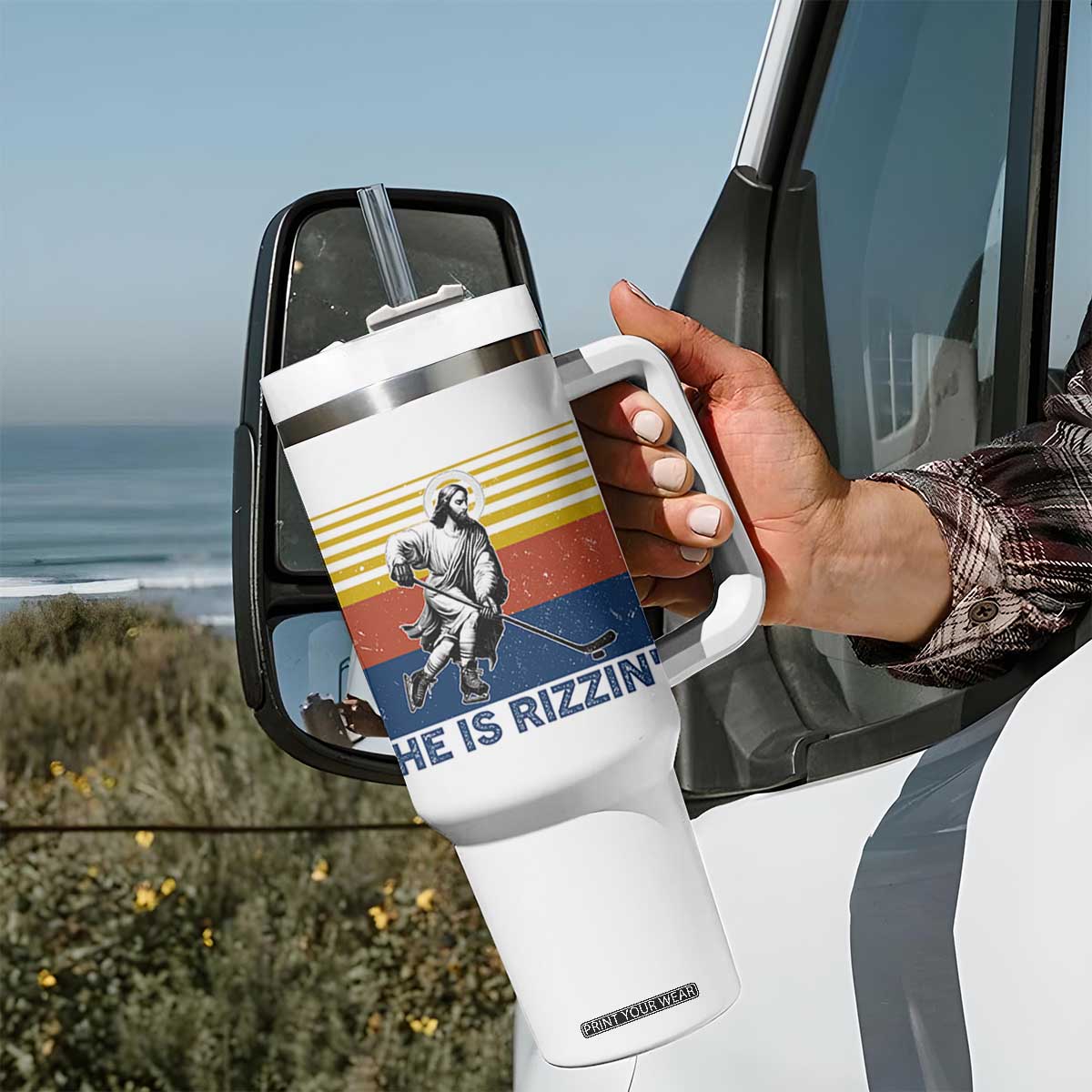 He Is Rizzin Tumbler With Handle Christian Hockey Retro Funny Gift For Believers TS12 Print Your Wear