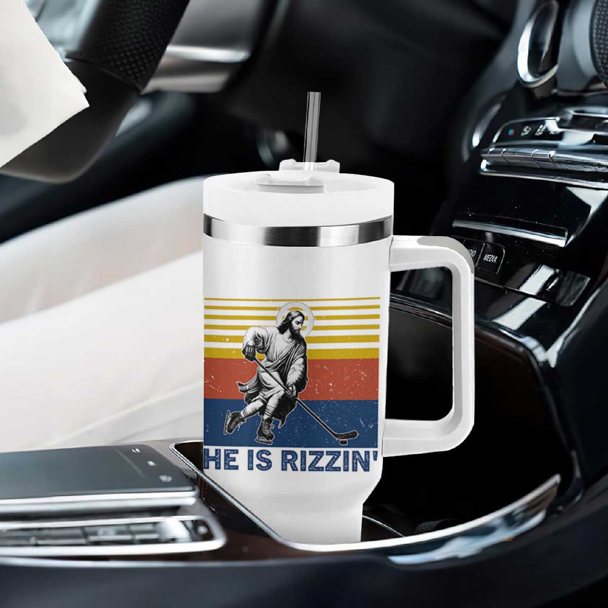 He Is Rizzin Tumbler With Handle Christian Hockey Retro Funny Gift For Believers TS12 Print Your Wear