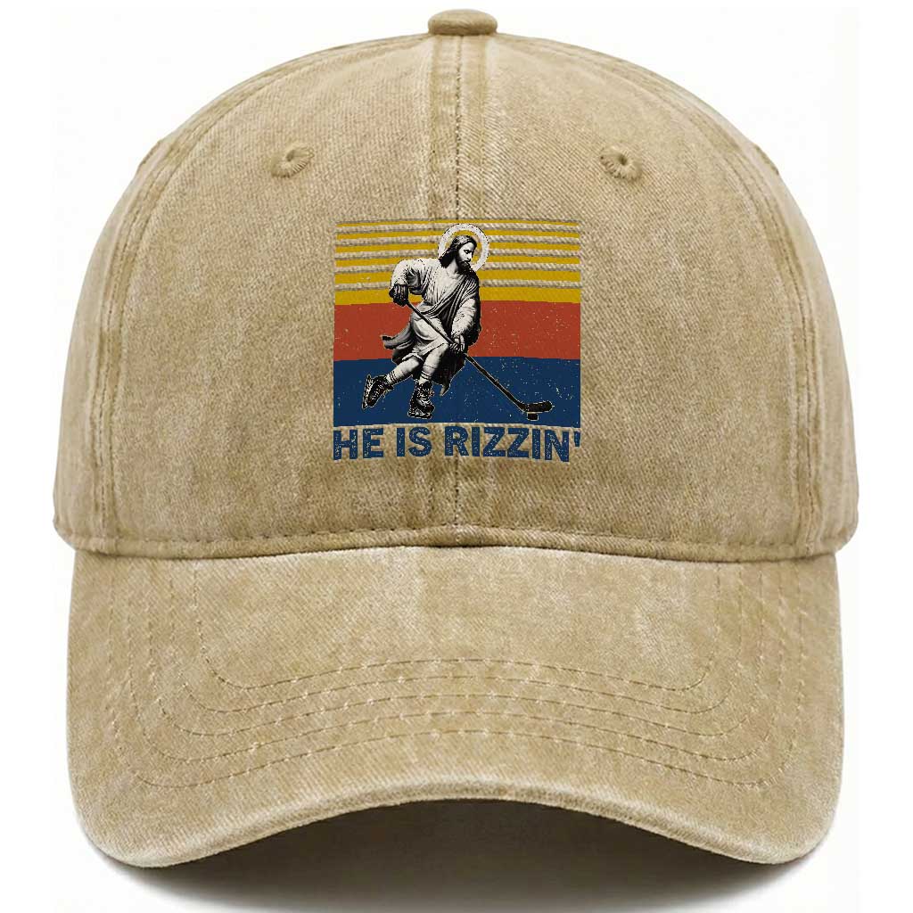 He Is Rizzin Washed Cotton Baseball Cap Christian Hockey Retro Funny Gift For Believers TS12 Print Your Wear