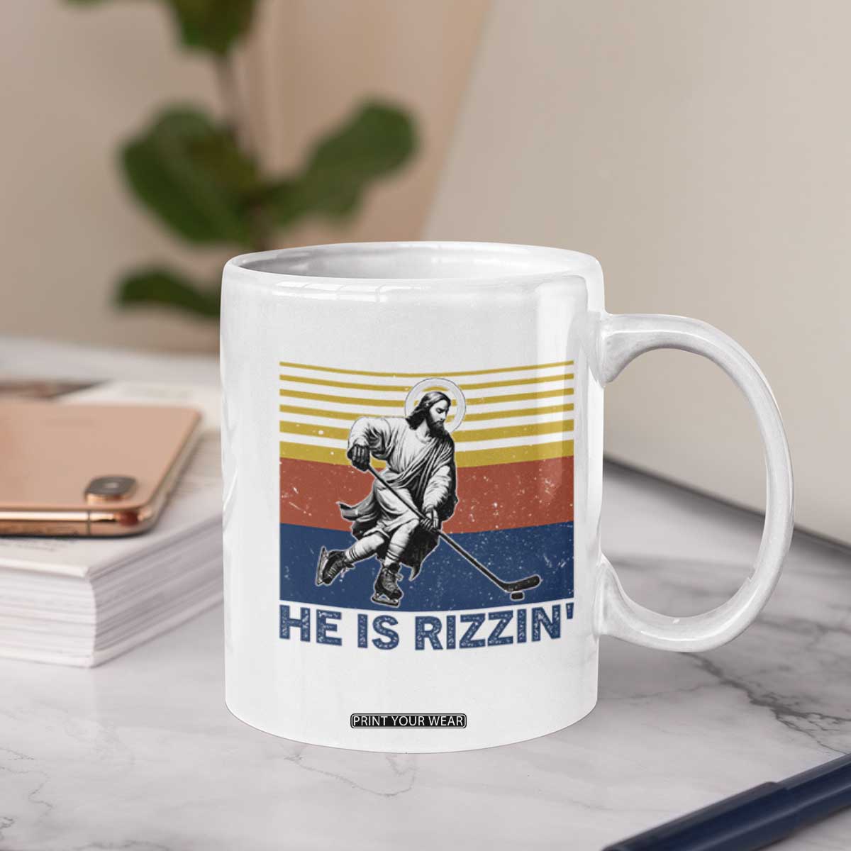 He Is Rizzin Coffee Mug Christian Hockey Retro Funny Gift For Believers TS12 Print Your Wear