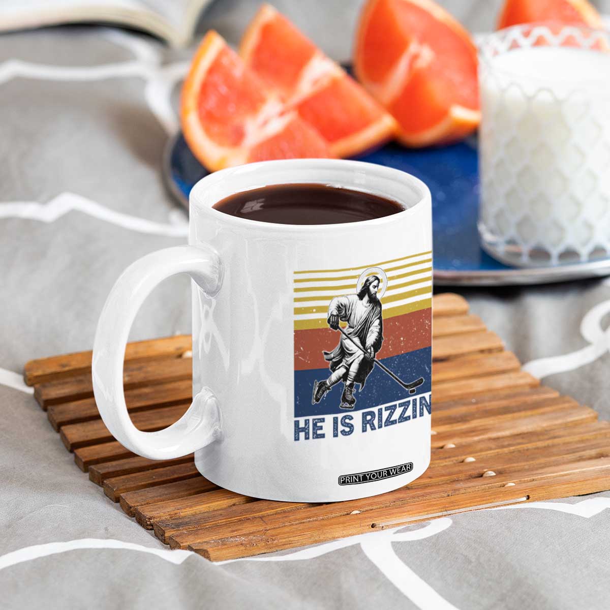 He Is Rizzin Coffee Mug Christian Hockey Retro Funny Gift For Believers TS12 Print Your Wear