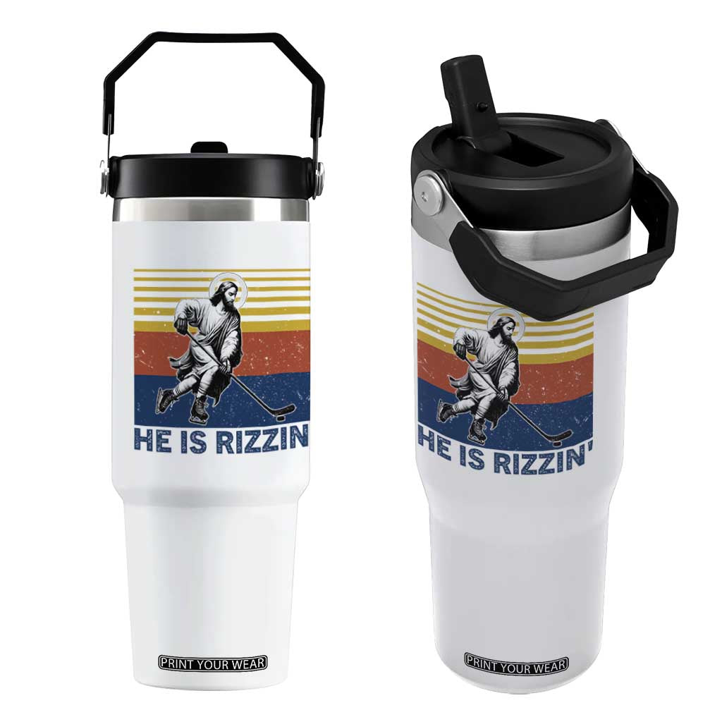 He Is Rizzin Flip Straw Tumbler Christian Hockey Retro Funny Gift For Believers TS12 One Size: 30 oz White Print Your Wear