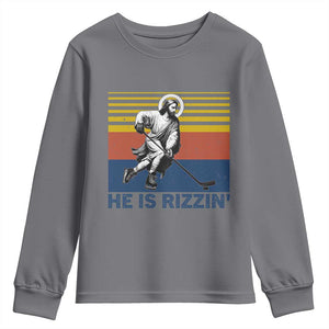 He Is Rizzin Youth Sweatshirt Christian Hockey Retro Funny Gift For Believers TS12 Charcoal Print Your Wear