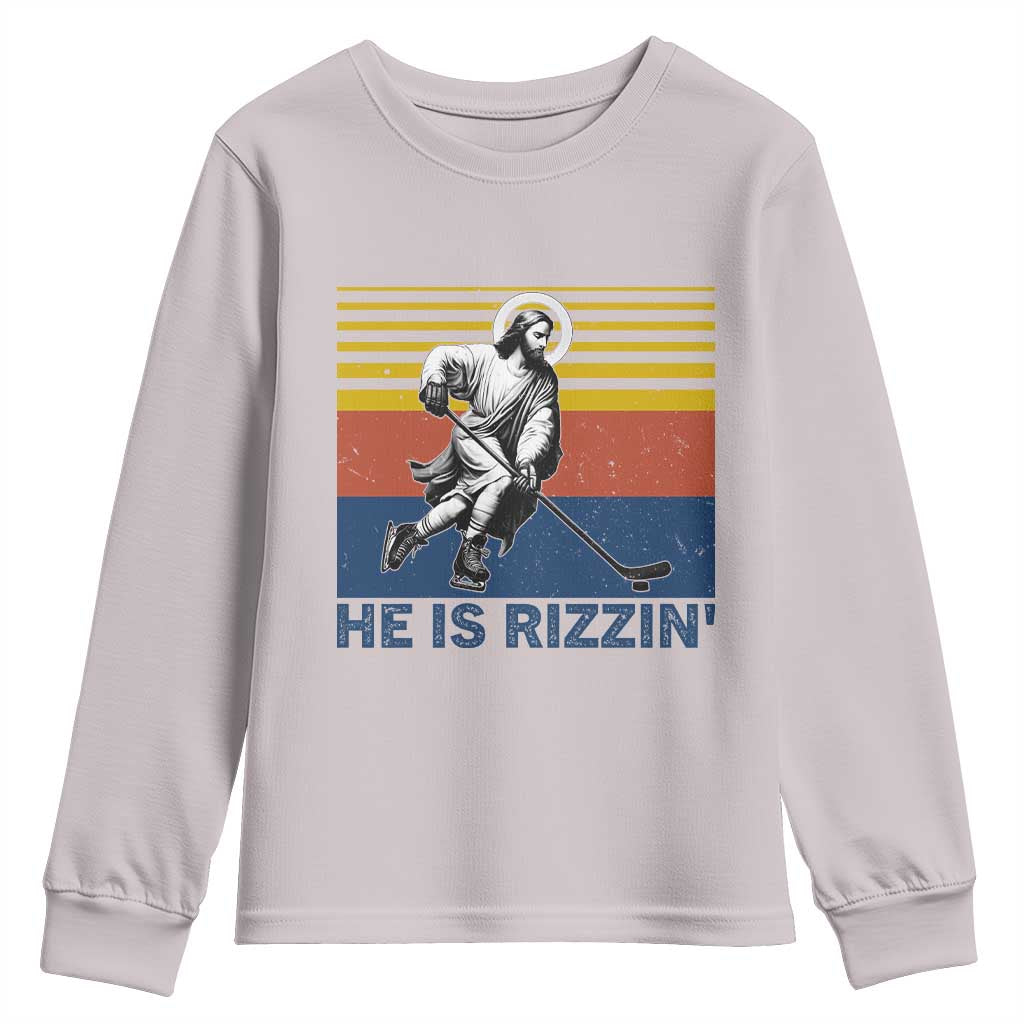 He Is Rizzin Youth Sweatshirt Christian Hockey Retro Funny Gift For Believers TS12 Ice Gray Print Your Wear