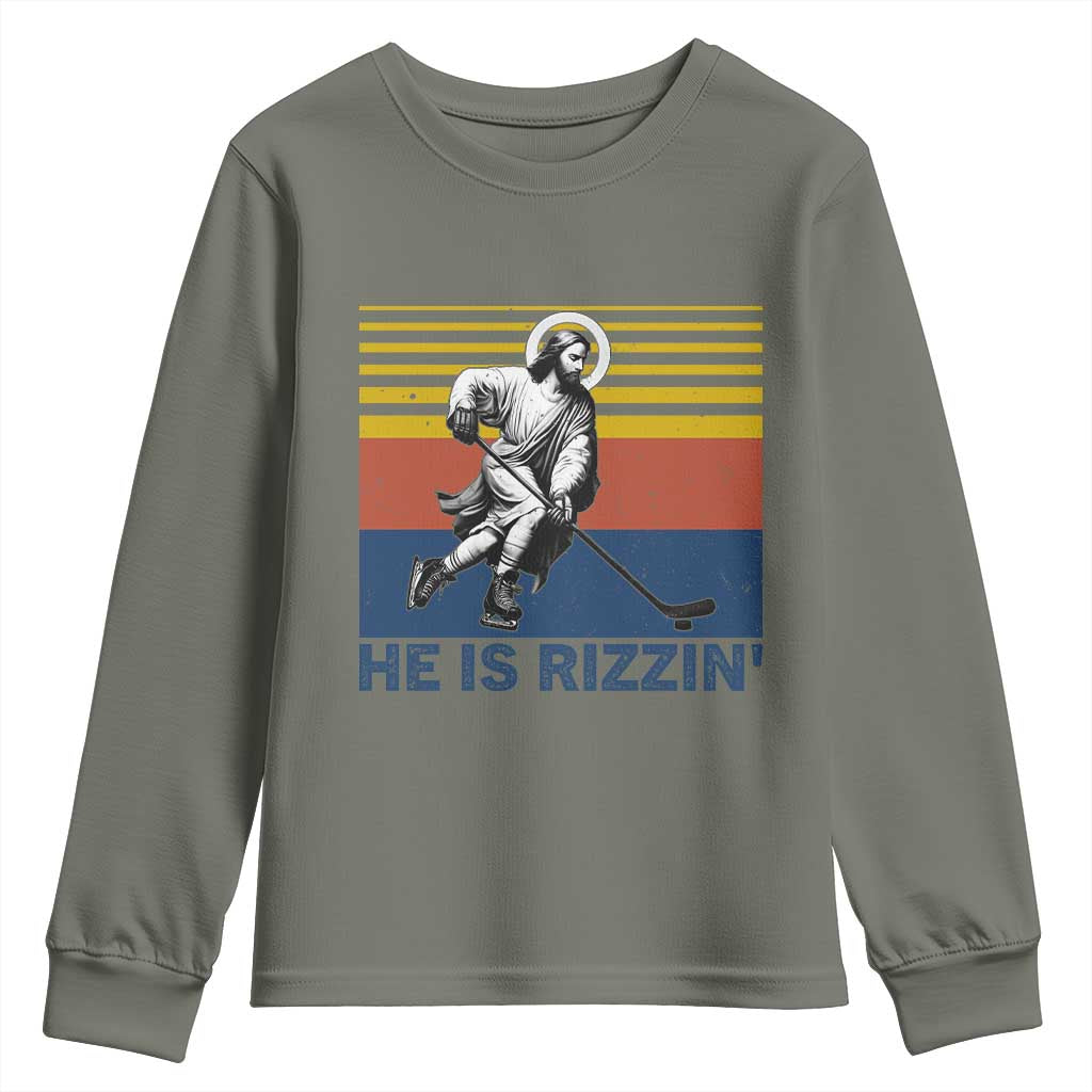 He Is Rizzin Youth Sweatshirt Christian Hockey Retro Funny Gift For Believers TS12 Military Green Print Your Wear