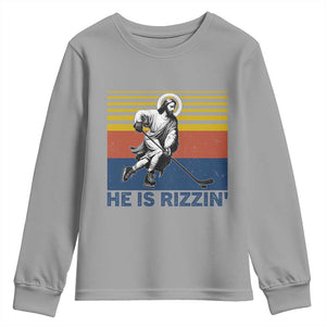 He Is Rizzin Youth Sweatshirt Christian Hockey Retro Funny Gift For Believers TS12 Sport Gray Print Your Wear