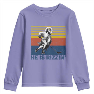 He Is Rizzin Youth Sweatshirt Christian Hockey Retro Funny Gift For Believers TS12 Violet Print Your Wear