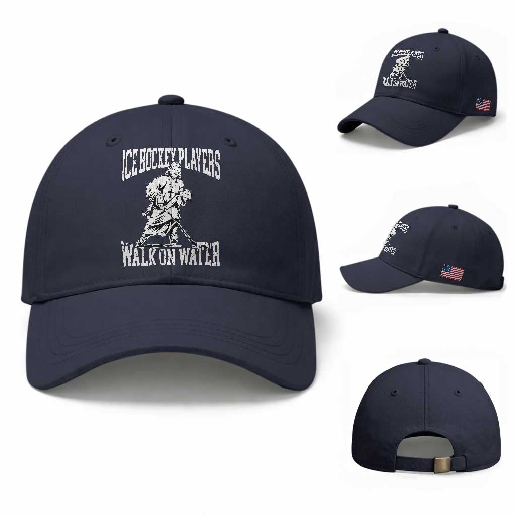 Jesus Ice Hockey Players Walk On Water Baseball Cap Funny Christian Gift TS12 Baseball Cap Universal Fit Navy Print Your Wear