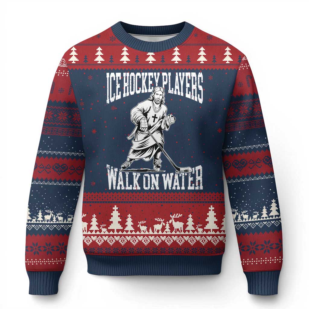 Jesus Ice Hockey Players Walk On Water Ugly Christmas Sweater Funny Christian Gift TS12 Navy Red Print Your Wear