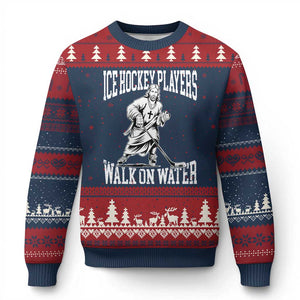 Jesus Ice Hockey Players Walk On Water Ugly Christmas Sweater Funny Christian Gift TS12 Navy Red Print Your Wear
