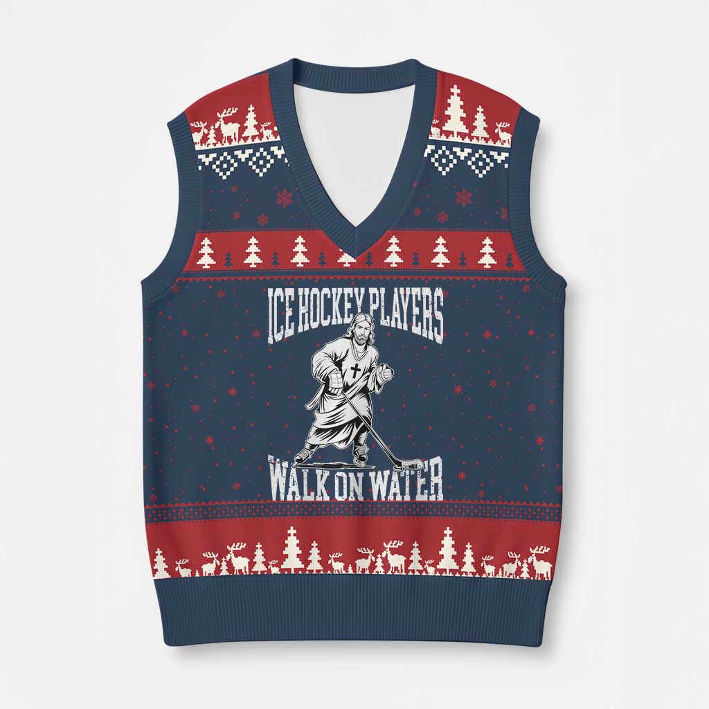 Jesus Ice Hockey Players Walk On Water V-Neck Knit Sweater Vest Funny Christian Gift TS12 Navy Red Print Your Wear