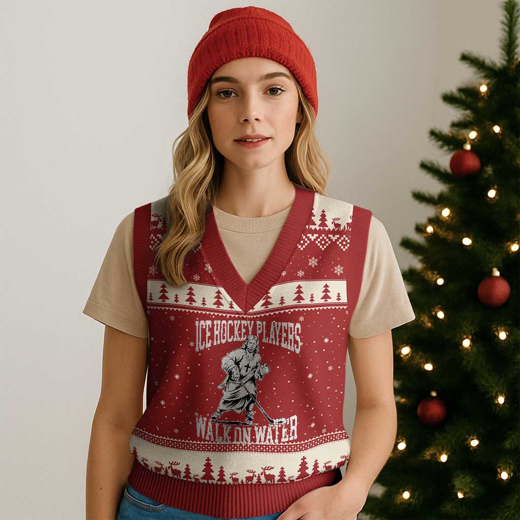Jesus Ice Hockey Players Walk On Water V-Neck Knit Sweater Vest Funny Christian Gift TS12 Red Beige Print Your Wear