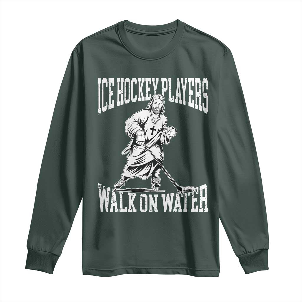 Jesus Ice Hockey Players Walk On Water Long Sleeve Shirt Funny Christian Gift TS12 Dark Forest Green Print Your Wear