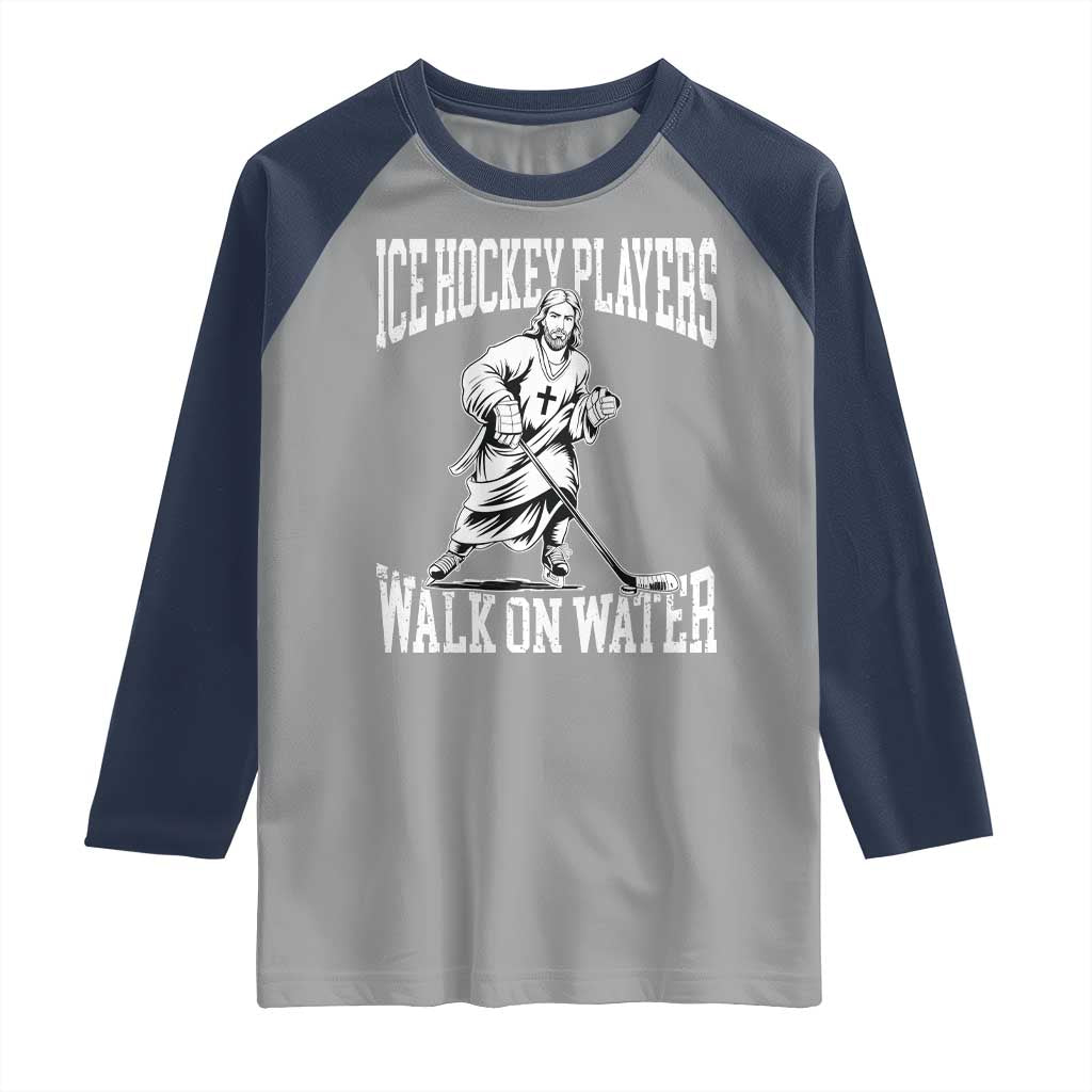 Jesus Ice Hockey Players Walk On Water Raglan Shirt Funny Christian Gift TS12 Sport Gray Navy Print Your Wear