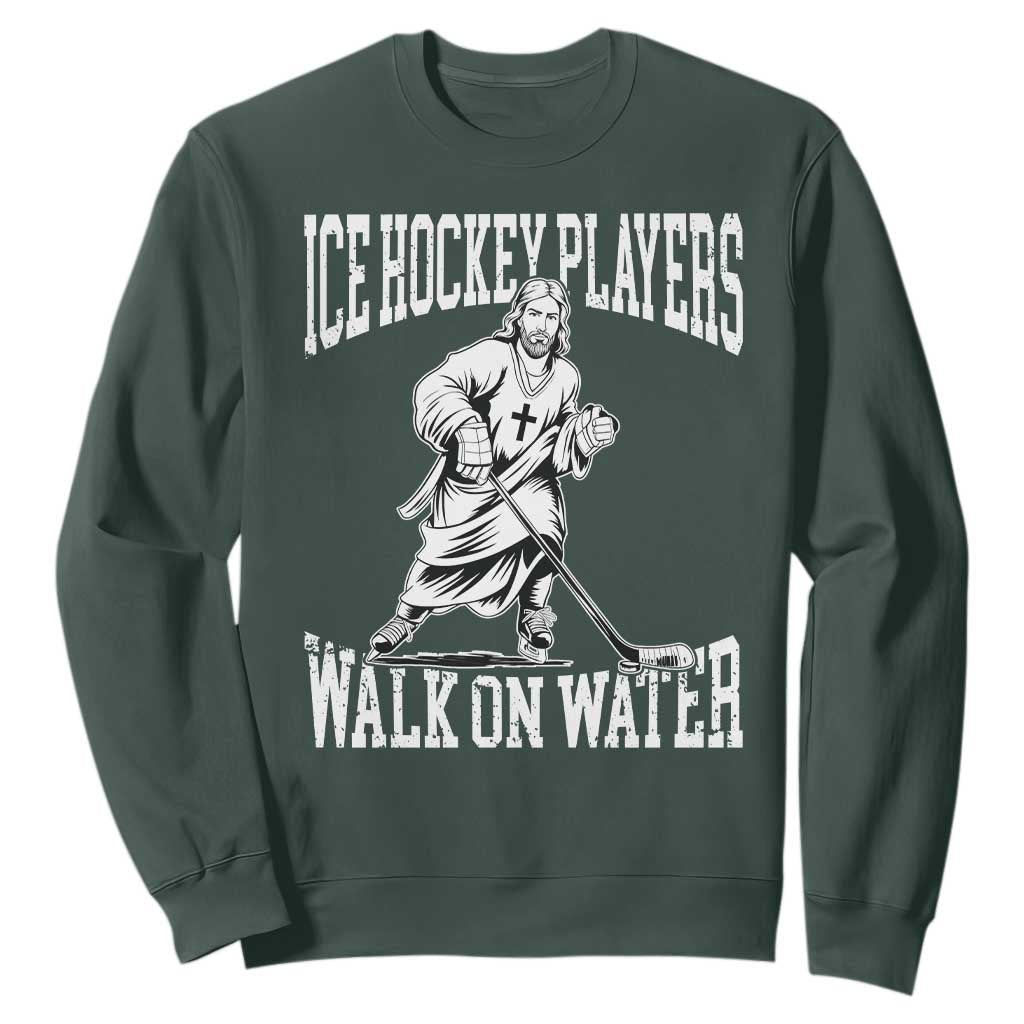 Jesus Ice Hockey Players Walk On Water Sweatshirt Funny Christian Gift TS12 Dark Forest Green Print Your Wear