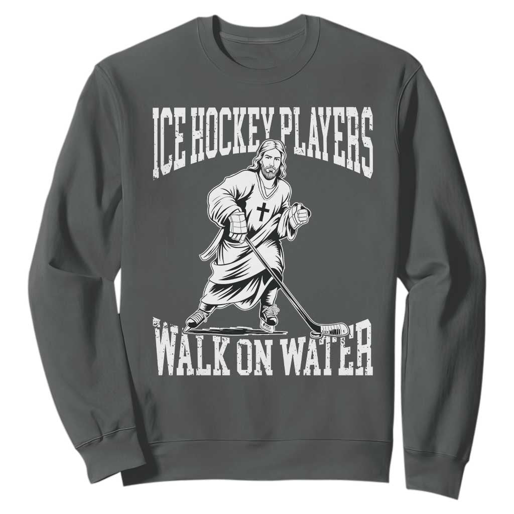 Jesus Ice Hockey Players Walk On Water Sweatshirt Funny Christian Gift TS12 Dark Heather Print Your Wear