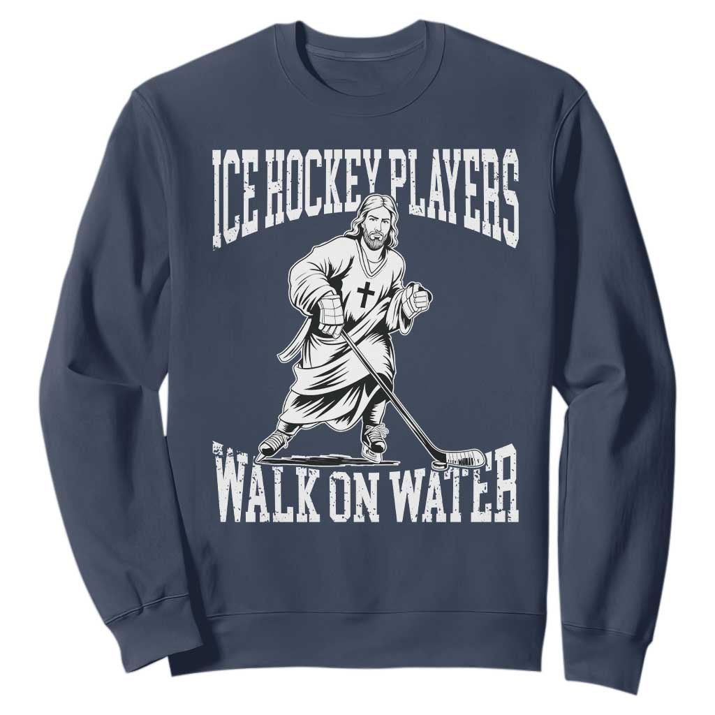 Jesus Ice Hockey Players Walk On Water Sweatshirt Funny Christian Gift TS12 Navy Print Your Wear