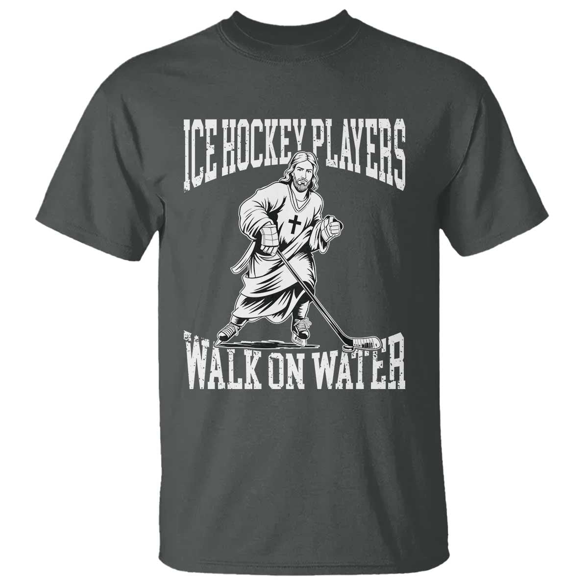 Jesus Ice Hockey Players Walk On Water T Shirt Funny Christian Gift TS12 Dark Heather Print Your Wear