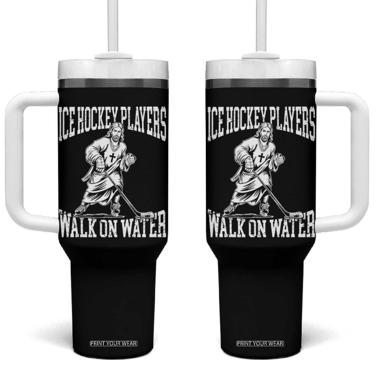 Jesus Ice Hockey Players Walk On Water Tumbler With Handle Funny Christian Gift TS12 One Size: 40 oz Black Print Your Wear