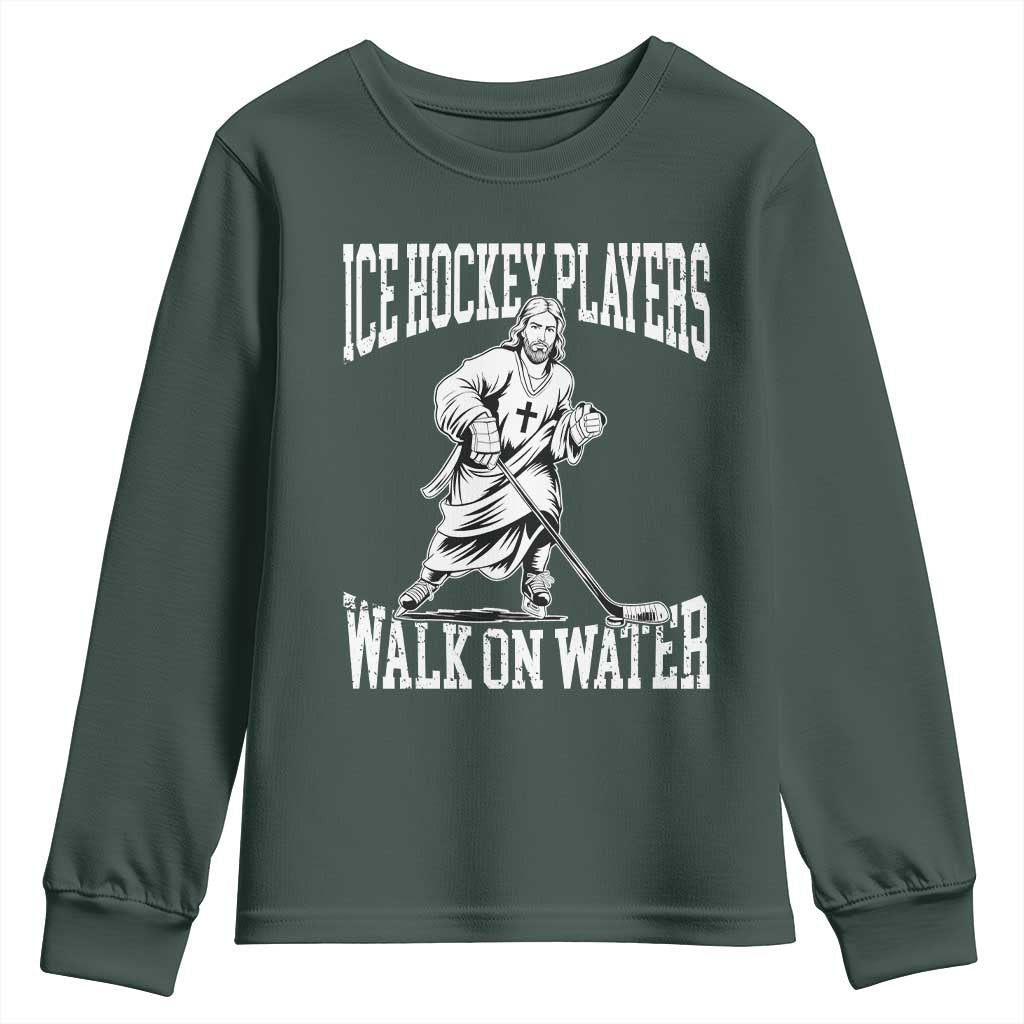 Jesus Ice Hockey Players Walk On Water Youth Sweatshirt Funny Christian Gift TS12 Dark Forest Green Print Your Wear