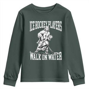 Jesus Ice Hockey Players Walk On Water Youth Sweatshirt Funny Christian Gift TS12 Dark Forest Green Print Your Wear