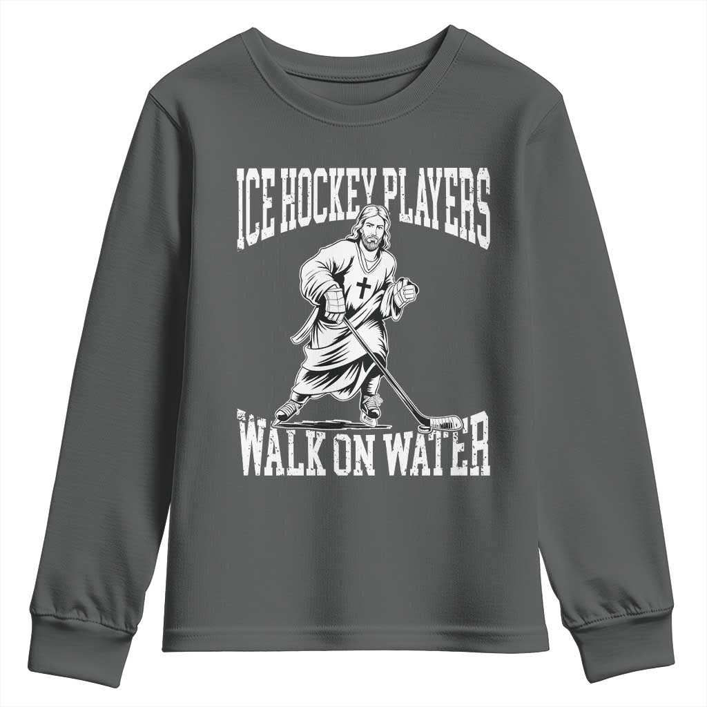 Jesus Ice Hockey Players Walk On Water Youth Sweatshirt Funny Christian Gift TS12 Dark Heather Print Your Wear