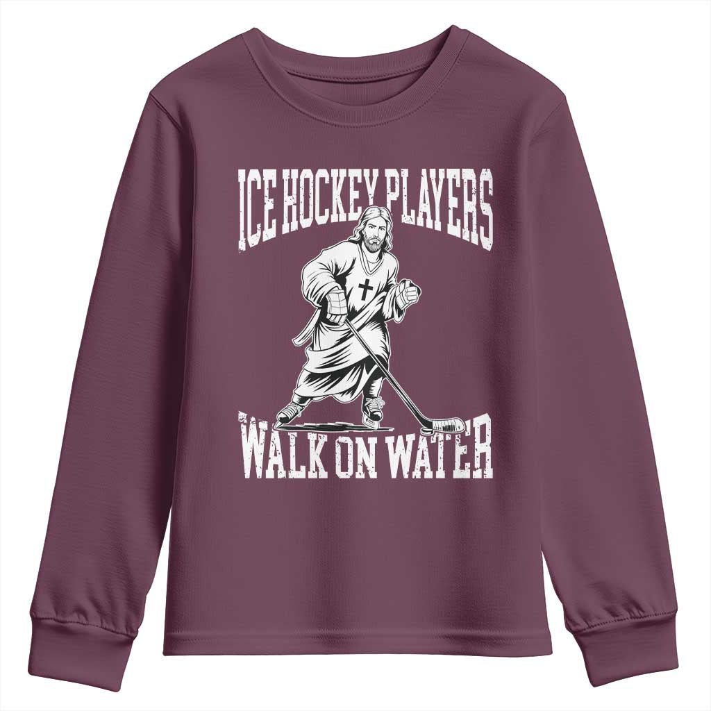 Jesus Ice Hockey Players Walk On Water Youth Sweatshirt Funny Christian Gift TS12 Maroon Print Your Wear