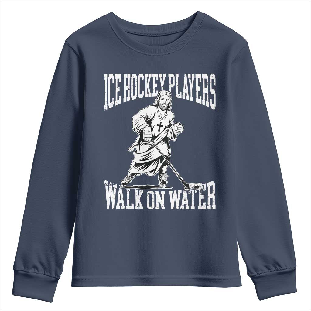 Jesus Ice Hockey Players Walk On Water Youth Sweatshirt Funny Christian Gift TS12 Navy Print Your Wear