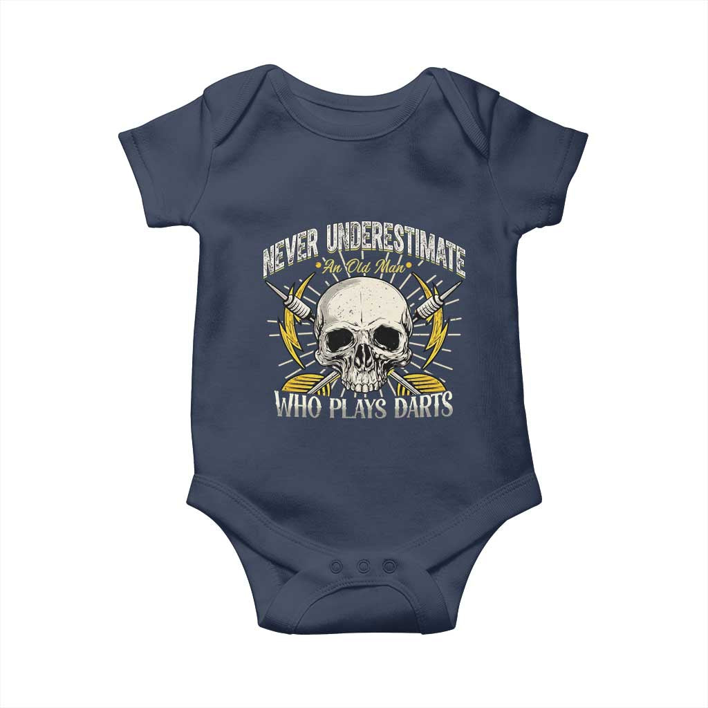 Never Underestimate An Old Who Plays Darts Baby Onesie Funny Darts Fan TS12 Navy Print Your Wear