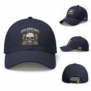 Never Underestimate An Old Who Plays Darts Baseball Cap Funny Darts Fan TS12 Baseball Cap Universal Fit Navy Print Your Wear