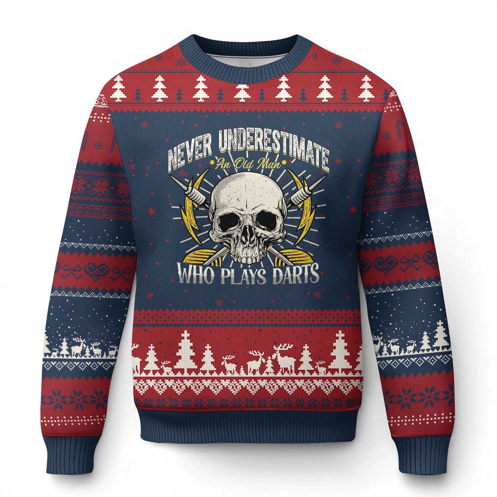 Never Underestimate An Old Who Plays Darts Ugly Christmas Sweater Funny Darts Fan TS12 Navy Red Print Your Wear