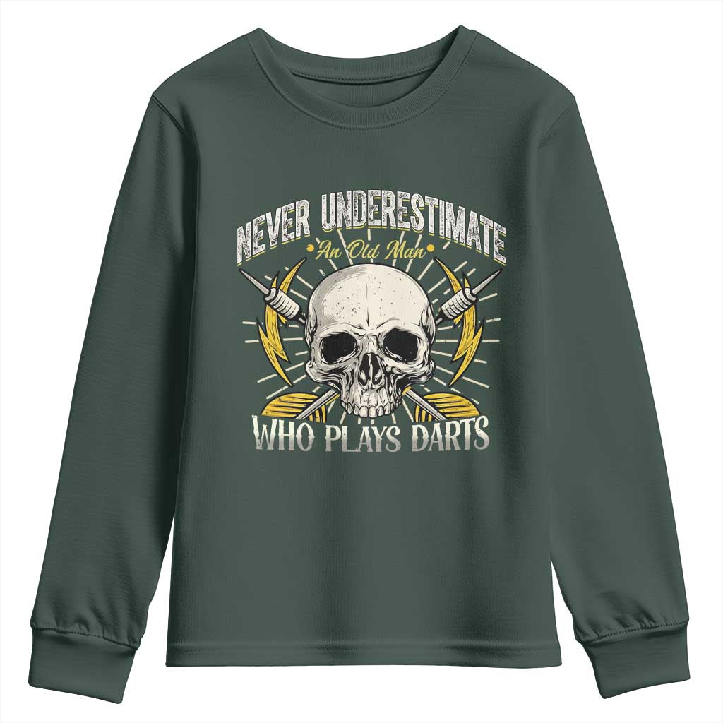 Never Underestimate An Old Who Plays Darts Youth Sweatshirt Funny Darts Fan TS12 Dark Forest Green Print Your Wear