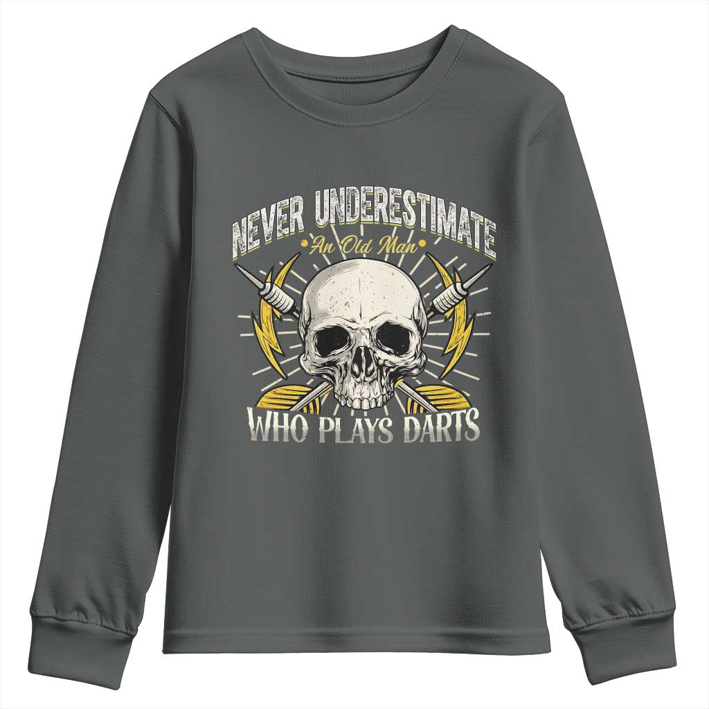 Never Underestimate An Old Who Plays Darts Youth Sweatshirt Funny Darts Fan TS12 Dark Heather Print Your Wear