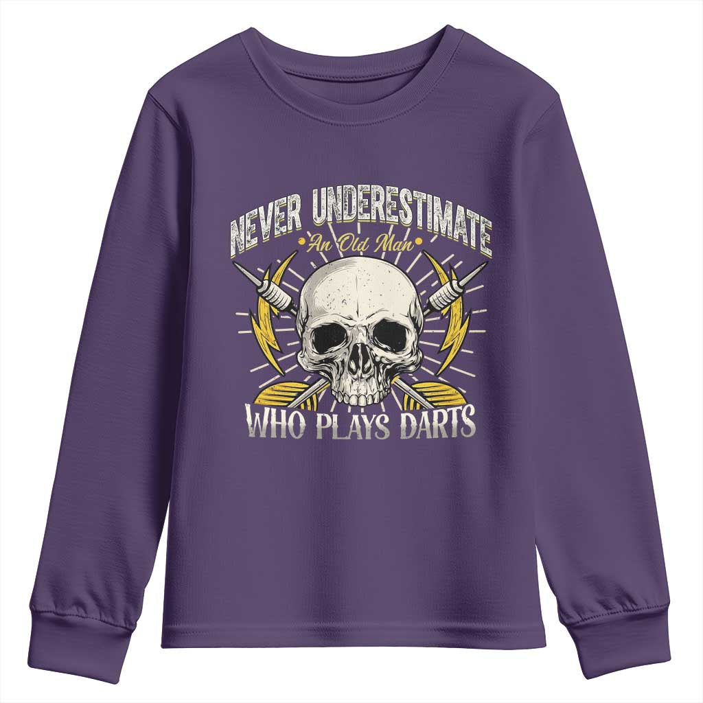 Never Underestimate An Old Who Plays Darts Youth Sweatshirt Funny Darts Fan TS12 Purple Print Your Wear