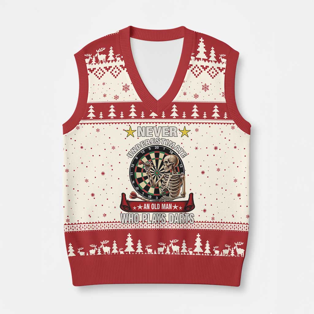 Never Underestimate An Old Man Plays Darts V-Neck Knit Sweater Vest Gothic Darts Player TS12 Beige Red Print Your Wear