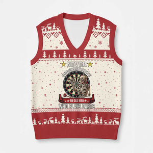 Never Underestimate An Old Man Plays Darts V-Neck Knit Sweater Vest Gothic Darts Player TS12 Beige Red Print Your Wear